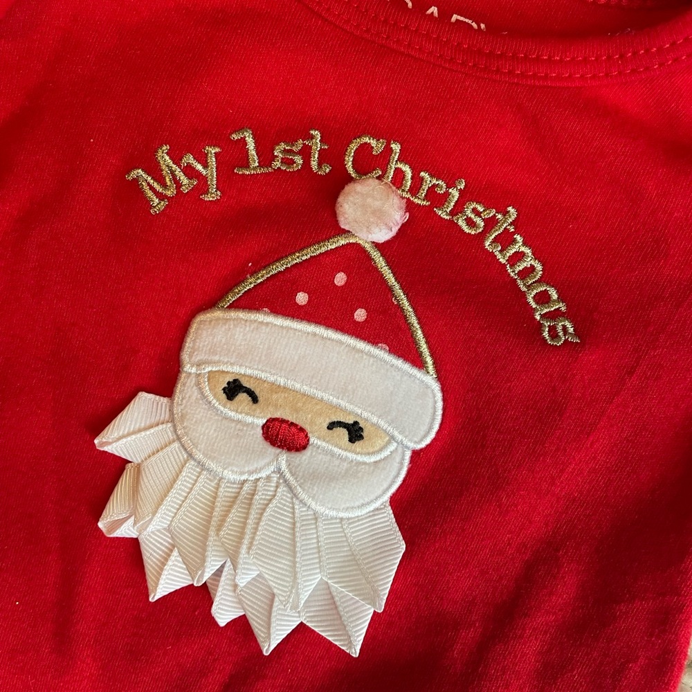 3 Mos. Embroidered My first Christmas onesie with sweet ribbon detail and pants.